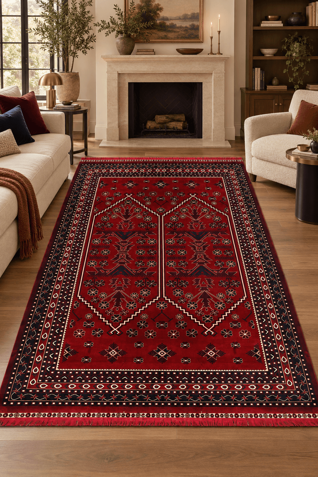 Manevi Kırmızı Lacivert Salon Halısı - Etnik Geometrik Desenli